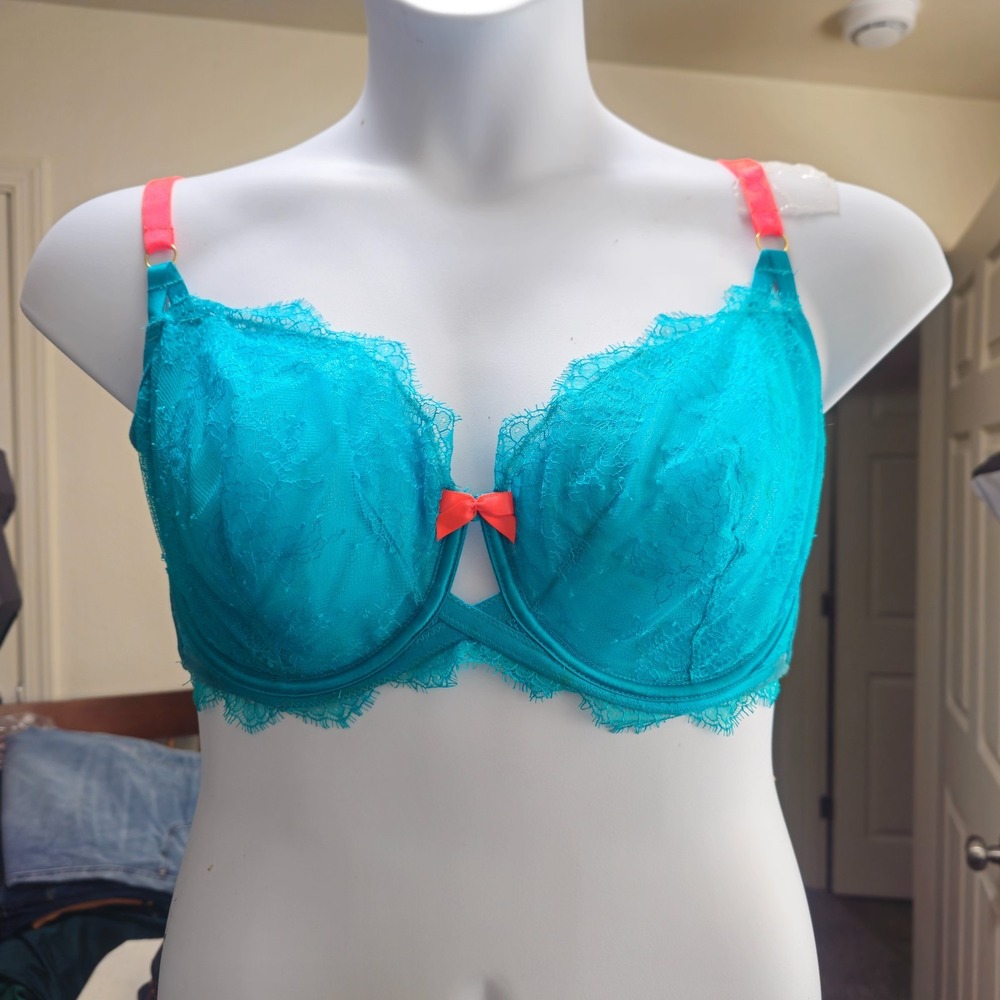 Victoria's Secret Unlined Demi Bra Sheer Teal Lace Neon Coral Straps Y2K 38DDD